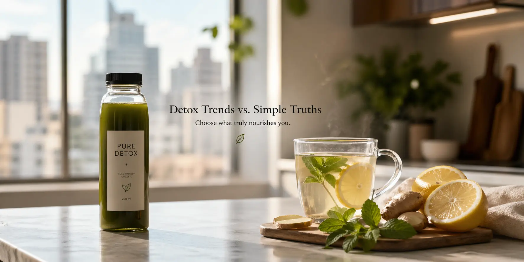 A realistic lifestyle banner showing a modern kitchen counter in soft morning light. On one side, a stylish expensive detox drink bottle with minimal branding. On the other side, a simple glass of warm lemon water with half-cut lemon, ginger, and mint leaves placed naturally. The setting should feel clean, premium, and minimal, with a subtle contrast between commercial detox culture and simple home remedy. Add a slightly blurred urban apartment background. Lighting should be warm and natural, creating a calm and trustworthy mood. Photorealistic, high resolution, editorial style.