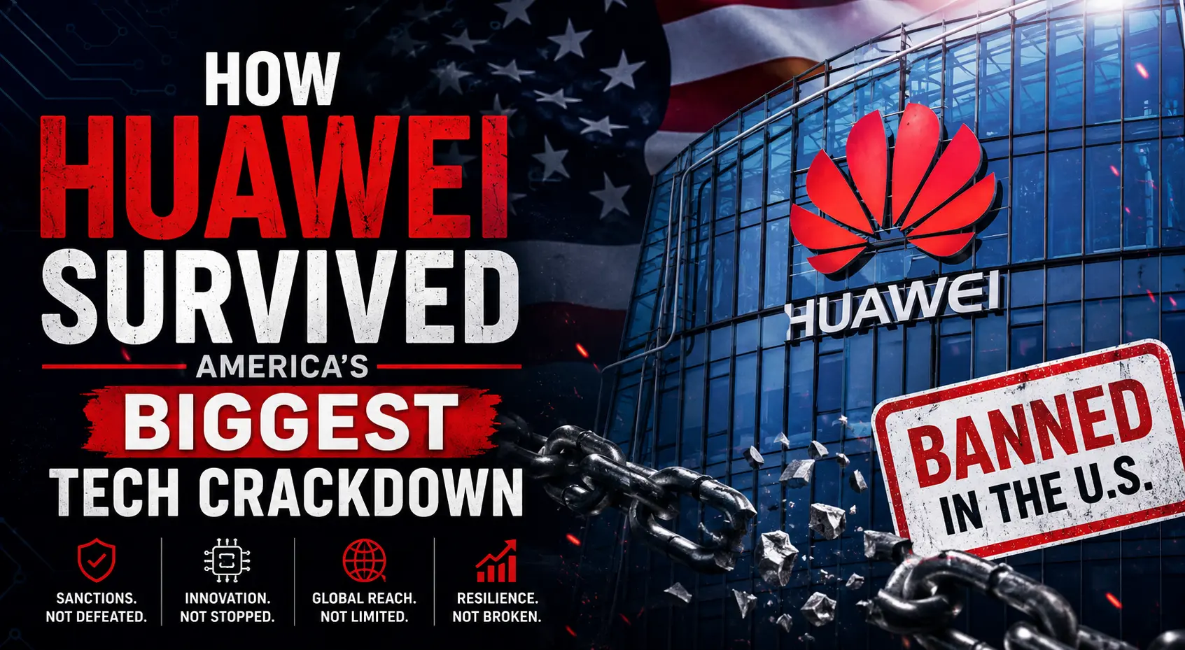 A dramatic digital banner showing the Huawei logo on a modern glass building with the American flag in the background, broken chains symbolizing resilience, and bold text reading “How Huawei Survived America’s Biggest Tech Crackdown” alongside a “Banned in the U.S.” sign.
