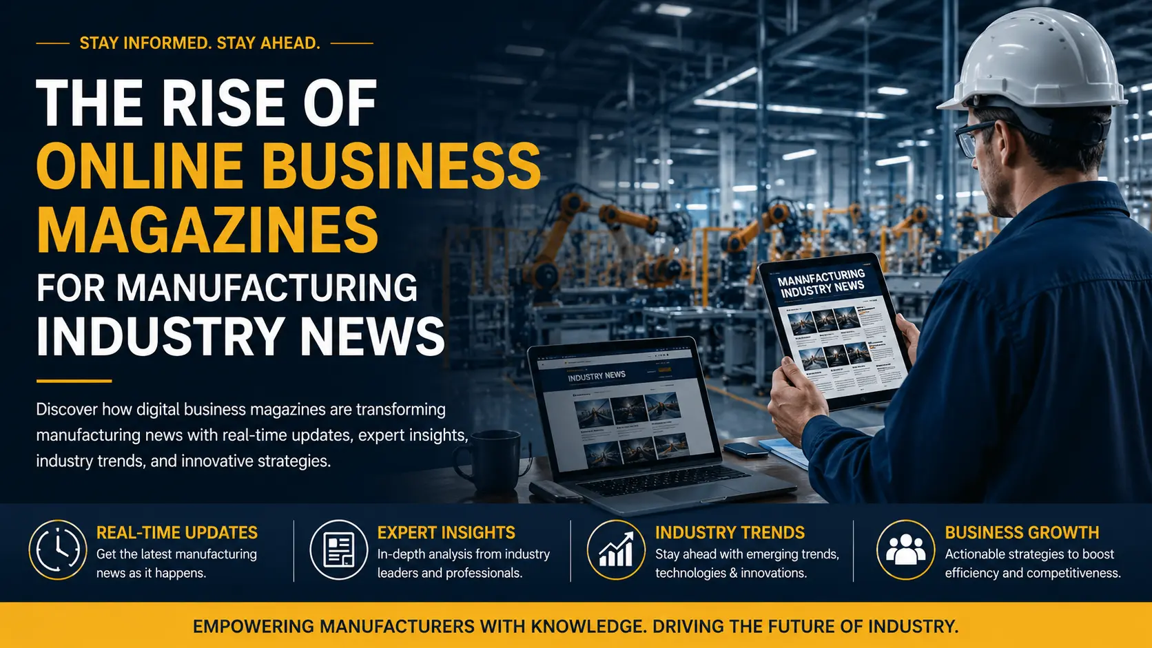 manufacturing industry web banner featuring an industrial engineer using a digital tablet in a modern automated factory with bold headline text about the rise of online business magazines for manufacturing industry news, innovation, and business growth.