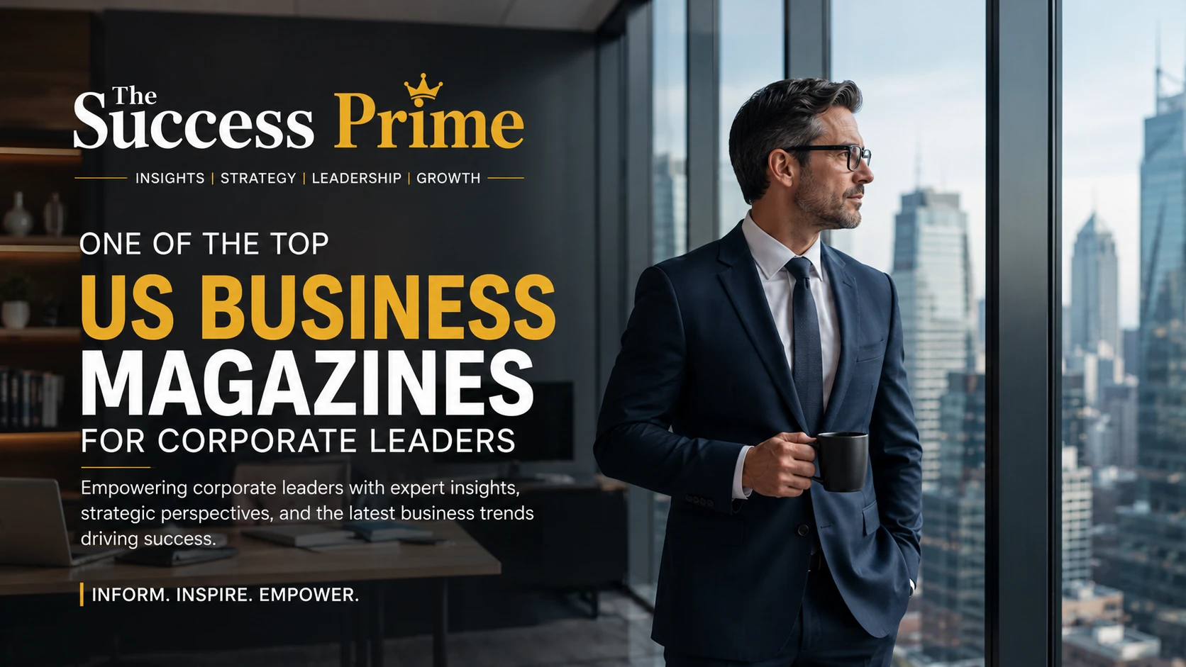 corporate web banner featuring a confident business executive standing in a modern office overlooking a city skyline with bold headline text promoting The Success Prime as one of the top US business magazines for corporate leaders.