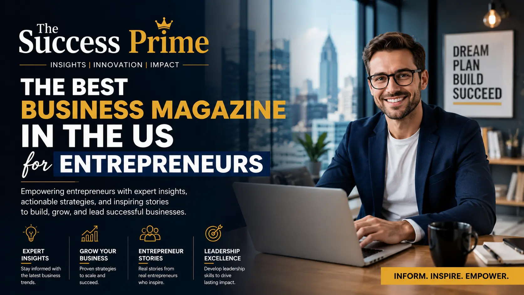 Professional web banner for The Success Prime featuring a confident entrepreneur working on a laptop in a modern office with bold business magazine headline text promoting entrepreneurship, leadership, innovation, and business growth in the US.